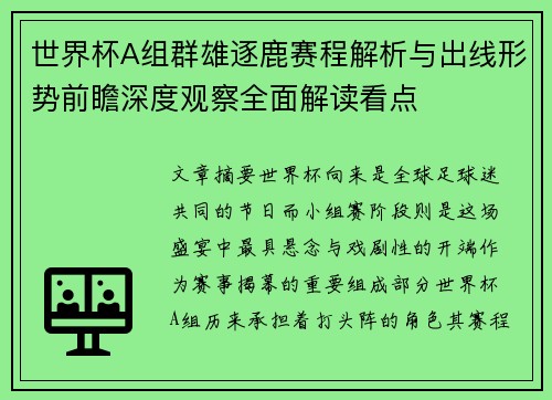 世界杯A组群雄逐鹿赛程解析与出线形势前瞻深度观察全面解读看点