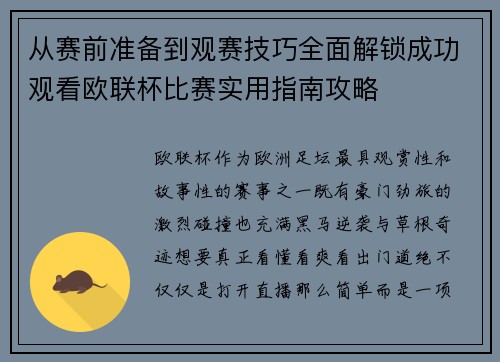 从赛前准备到观赛技巧全面解锁成功观看欧联杯比赛实用指南攻略